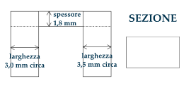 Disegni tecnici indicanti: larghezza 3,0 mm oppure 3,5 mm e spessore di 1,8 mm. A lato disegno della sezione rettangolare con spigoli vivi