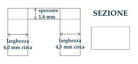 Disegni tecnici con dimensioni e sezione delle fedi. Larghezze fedi 4,0 mm e 4,5mm. Sezione di un rettangolo con spigoli vivi.