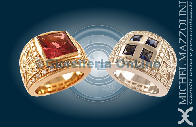 due anelli della collezione City by Night. Anello in oro rosa con tormalina rosa e diamanti. Anello in oro bianco con zaffiri e diamanti.